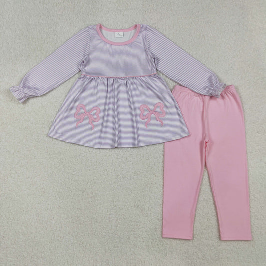 10.10 RTS NO MOQ （In stock）GLP2696 Baby Girls Winter Outfits Embroidery Baby Girls Lavender Stripe Bows Tunic Legging Pant Set
