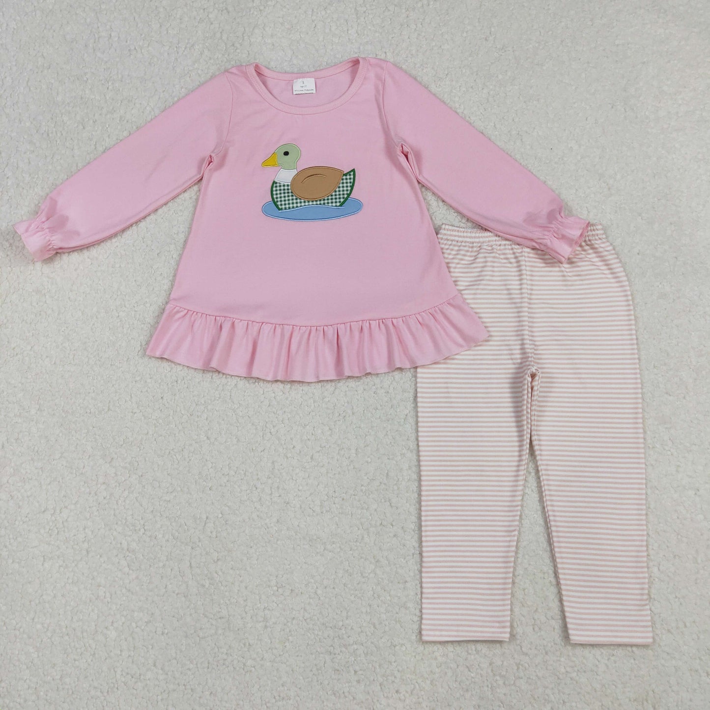 10.10 RTS NO MOQ （In stock）GLP2698 Baby Girls Winter Outfits Embroidery Ducks Baby Girls Pink Tunic Stripe Leggings Pant Clothes Set