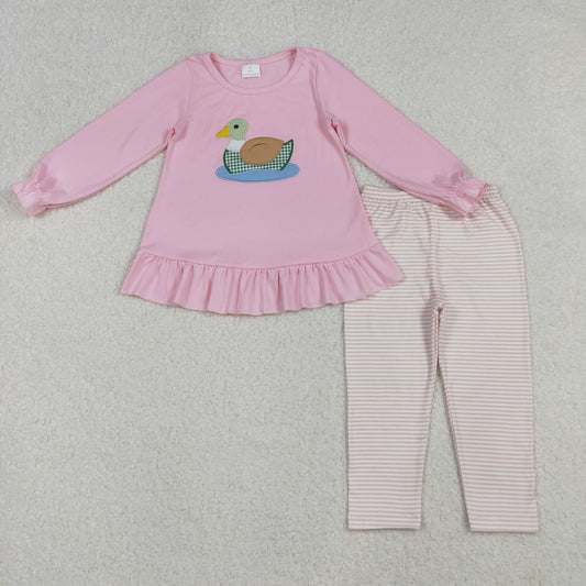 10.10 RTS NO MOQ （In stock）GLP2698 Baby Girls Winter Outfits Embroidery Ducks Baby Girls Pink Tunic Stripe Leggings Pant Clothes Set