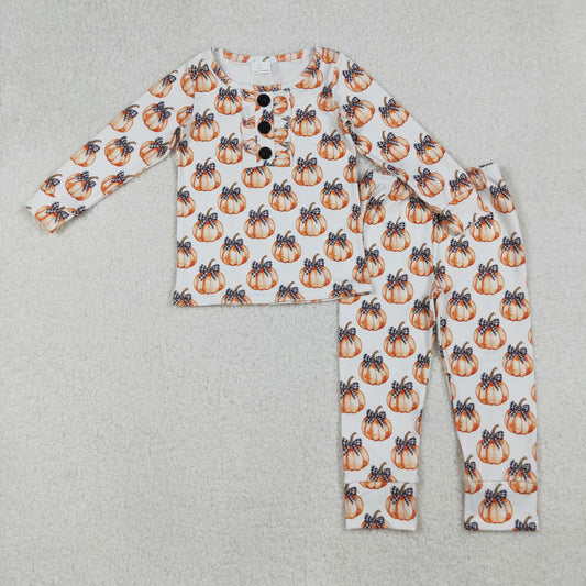 RTS NO MOQ （In stock）GLP2700 Baby Girls Winter Outfits Bows Pumpkins Button Top Pants Fall Pajamas Sets