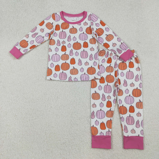 RTS NO MOQ （In stock）GLP2702 Baby Girls Winter Outfits Colorful Pumpkins Plaid Top Pants Fall Pajamas Sets