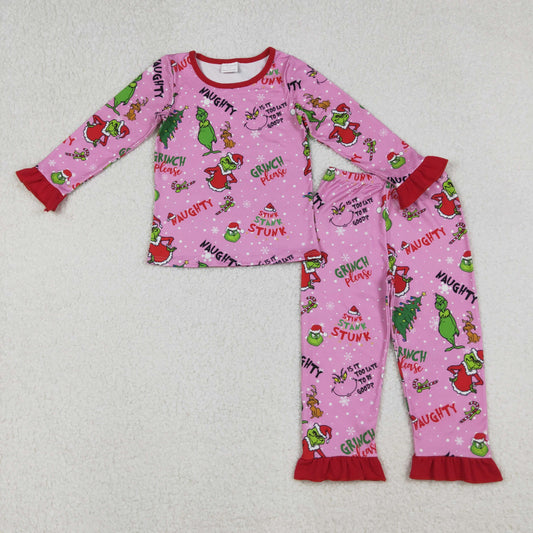 10.1 RTS NO MOQ （In stock）GLP2710 Baby Girls Winter Outfits Baby Girls Christmas Trees Green Face Top Ruffle Pant Pajamas Set