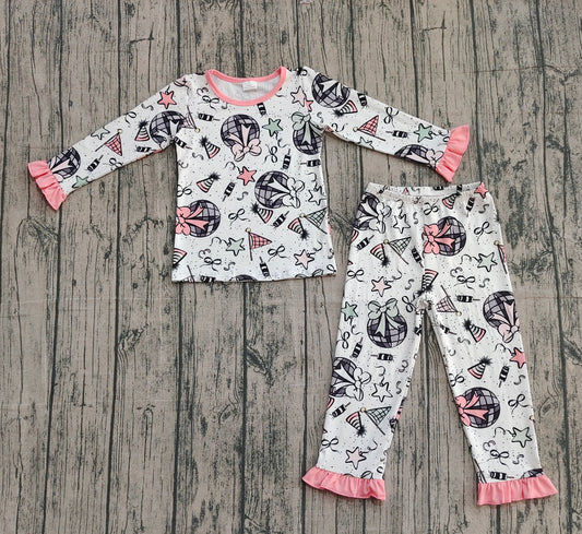 9.30 GLP2711 XS-3XL Sample No Moq Baby Girls Happy New Year Top Ruffle Pant Pajamas Set