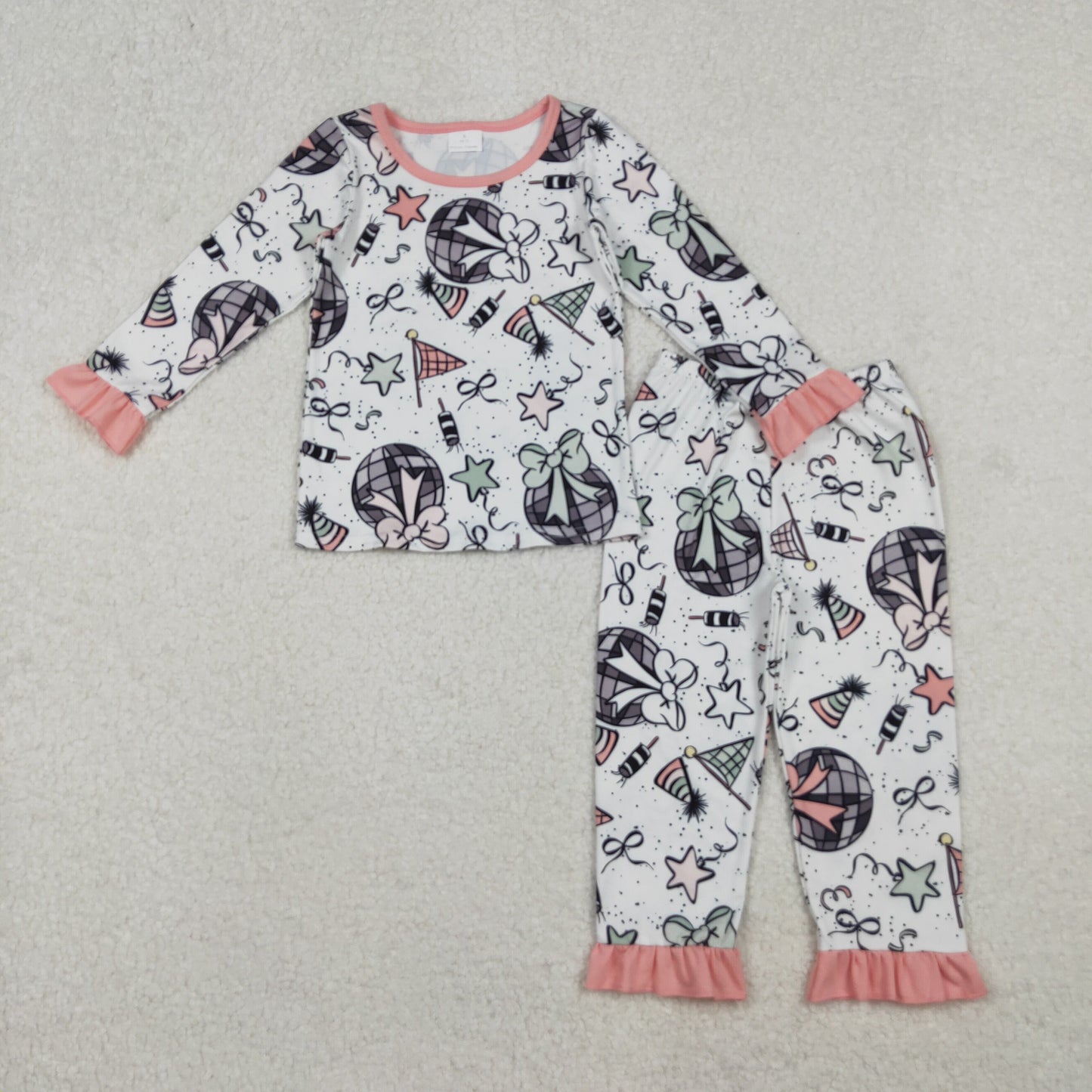 10.21 RTS NO MOQ （In stock）GLP2711 Baby Girls Happy New Year Top Ruffle Pant Pajamas Sets