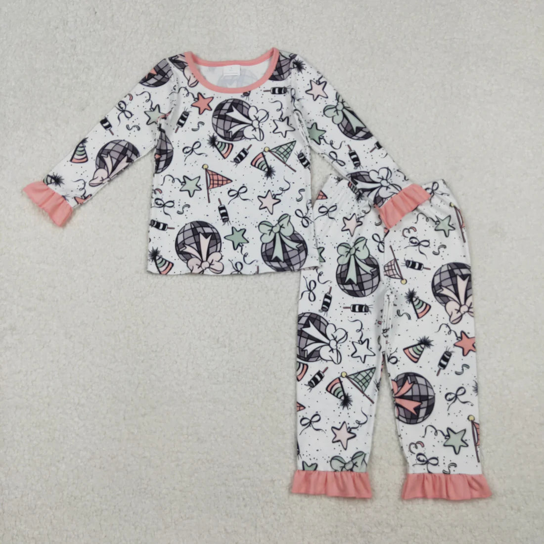 10.23 RTS Sibling Baby Girls Happy New Year Ruffle Pants Pajamas Sets Two Way Zip Convertible Rompers