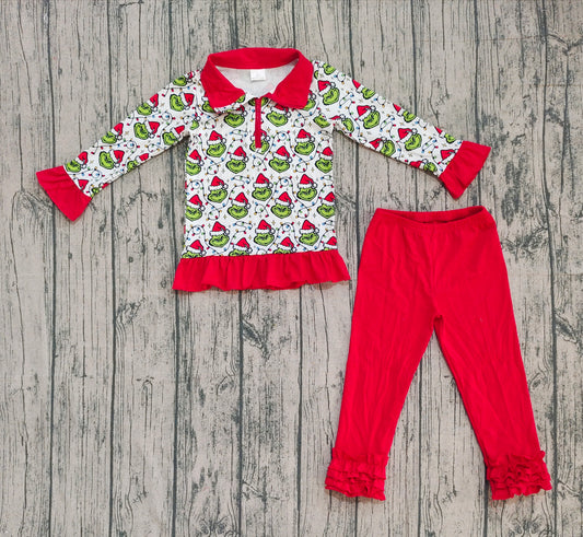 9.23 GLP2714 XS-3XL Sample No Moq Fast Coming Baby Girls Christmas Lights Green Faces Plaid Zipper Pullover Legging Pants Set