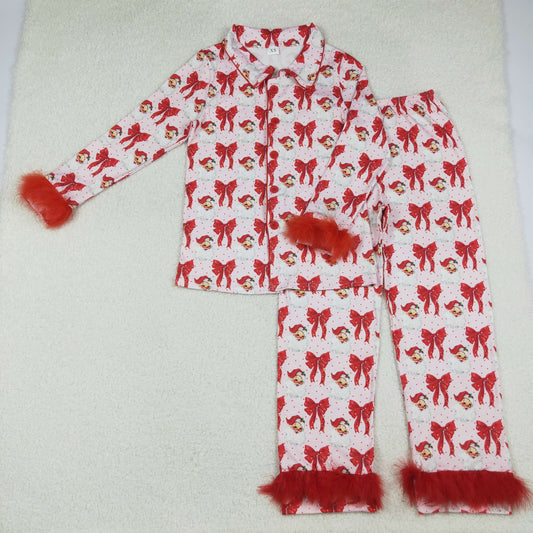 RTS NO MOQ （In stock）GLP2715 Adult women's pajamas set Red Bows Santa Button Top Pants Christmas Fur Pajamas Sets