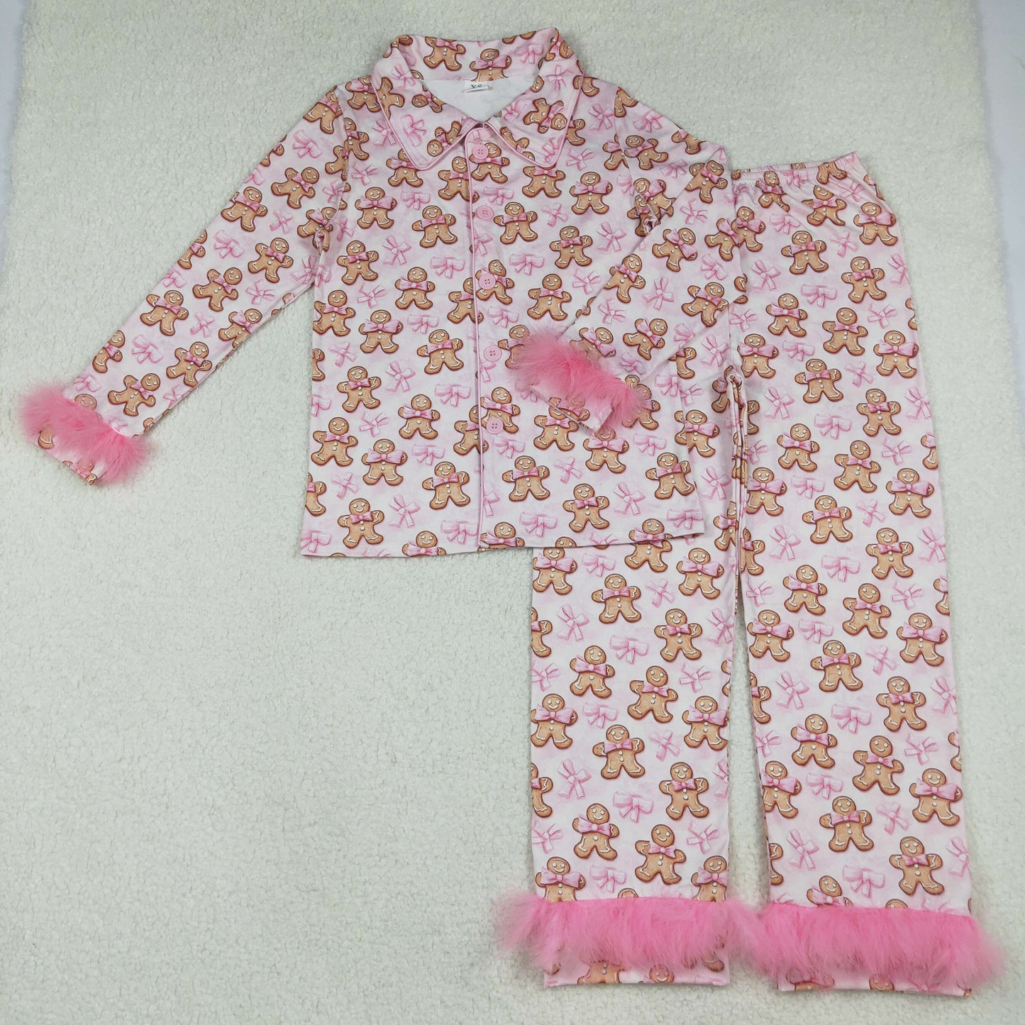 10.10 RTS NO MOQ （In stock）GLP2716 Adult Women Bows Gingerbread Button Top Pants Christmas Fur Pajamas Set