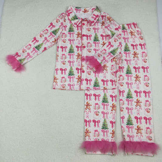 RTS NO MOQ （In stock）GLP2717 Adult women's pajamas set Bows Gingerbread Trees Button Top Pants Christmas Fur Pajamas Sets