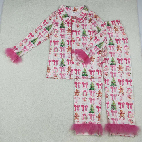 11.24 RTS Mama and Me Pink Bows Santa Trees Button Top Pants Christmas Fur Pajamas Sets