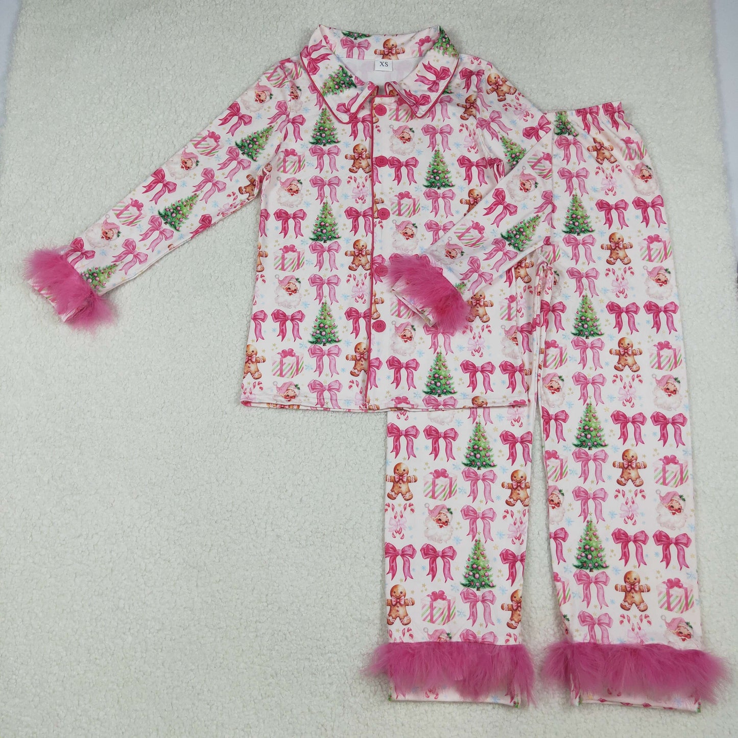 RTS Sibling Mom And Me Pajamas Sets Christmas Candy Cane Bow Fur Pajamas Button down Comfortable Sleepwear