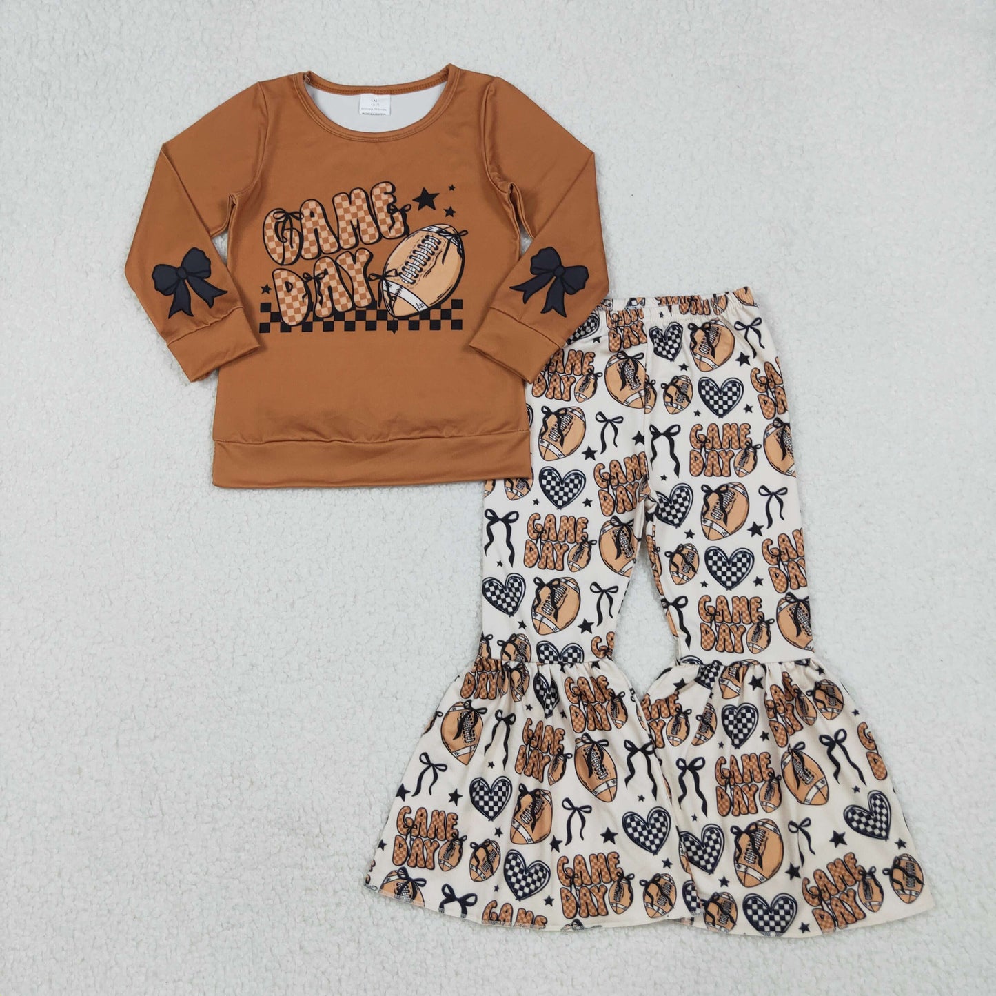 10.10 RTS NO MOQ （In stock）GLP2721 Baby Girls Winter Outfits Baby Girls Brown Game Day Footballs Top Bell Bottom Pant Team Clothes Set