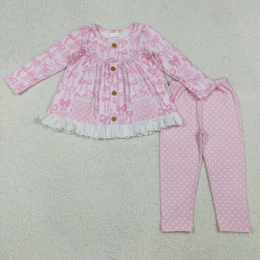 10.1 RTS NO MOQ （In stock）GLP2723 Baby Girls Winter Outfits Baby Girls Pink Bows Plaid Button Pockets Ruffle Tunic Polka Dots Leggings Clothes Sets