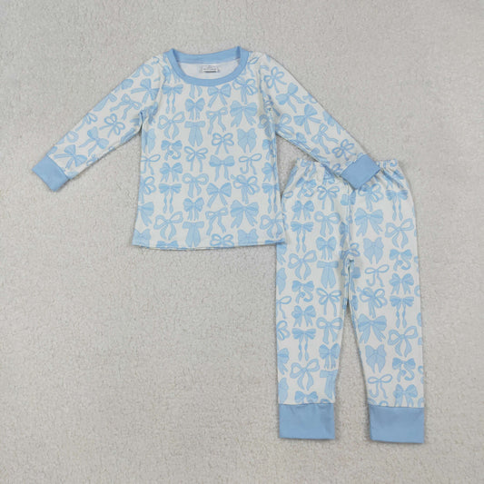 RTS NO MOQ （In stock）GLP2724  Baby Girls Winter Outfits Light Blue Long Sleeve Pajamas for Girls Kids Girls
