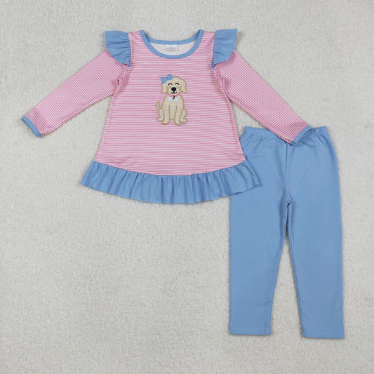 9.30 RTS NO MOQ （In stock）GLP2725 Baby Girls Winter Outfits Embroidery Dog Baby Girls Pink Stripe Tunic Blue Leggings Clothes Set