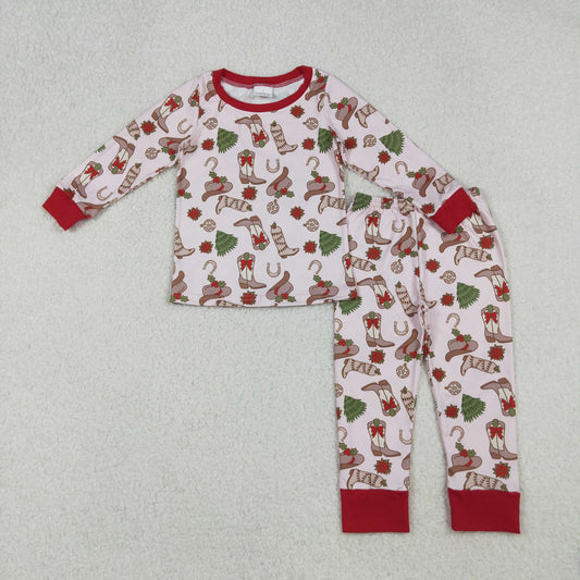 RTS NO MOQ （In stock）GLP2729 Baby Girls Winter Outfits Boots Holly Top Pant Christmas Pajamas Sets