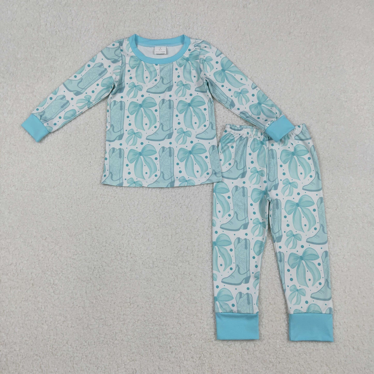 12.11 RTS NO MOQ （In stock）GLP2732 Baby Girls Light Blue Bows Boots Top Pant Western Pajamas Set