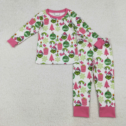 RTS NO MOQ （In stock）GLP2733 Baby Girls Winter Outfits Green Face Gifts Top Pants Christmas Pajamas Sets