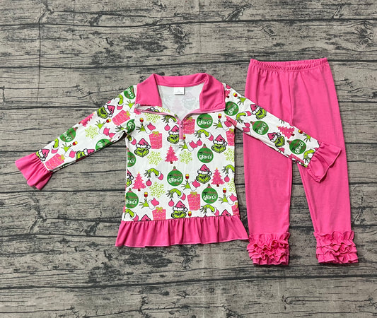 10.4 GLP2734 Sample No Moq Baby Girls Grin Gifts Zipper Pullover Ruffle Leggings Christmas Clothes Set
