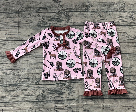 11.10 GLP2741 Sample No Moq Baby Girls Deer Hunting Top Pant Western Pajamas Set