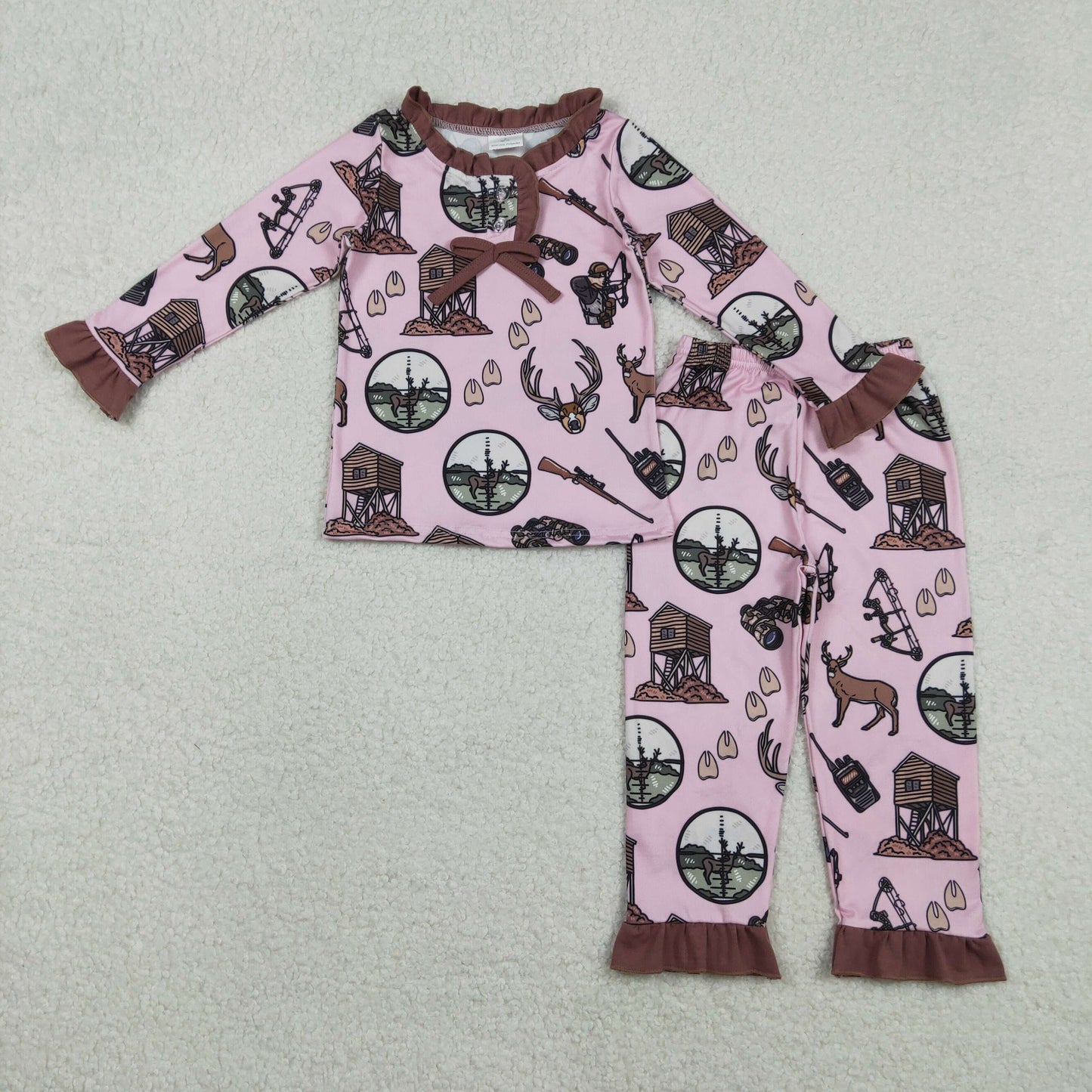 11.24 RTS NO MOQ （In stock）GLP2741 Baby Girls Deer Hunting Top Ruffle Pant Pajamas Set