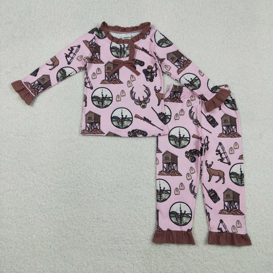 11.24 RTS NO MOQ （In stock）GLP2741 Baby Girls Deer Hunting Top Ruffle Pant Pajamas Set