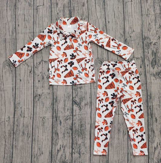 10.1 GLP2760 Sample No Moq Yoga fabric Baby Girls Orange Bows Footballs Go Teams Pullovers Leggings Yoga Clothes Set