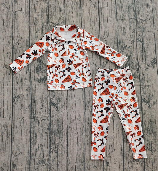 10.2 GLP2760 Sample No Moq Yoga fabric Baby Girls Orange Bows Footballs Go Teams Pullovers Leggings Yoga Clothes Set