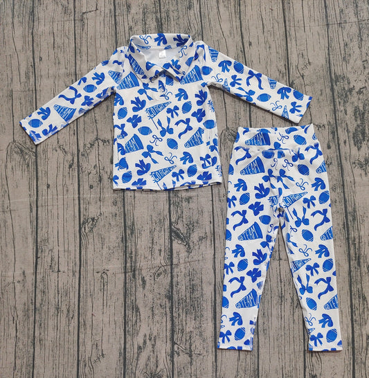 10.1 GLP2761 Sample No Moq Yoga fabric Baby Girls Blue Bows Footballs Go Teams Pullovers Leggings Yoga Clothes Set