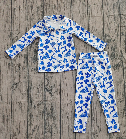 10.2 GLP2761 Sample No Moq Yoga fabric Baby Girls Blue Bows Footballs Go Teams Pullovers Leggings Yoga Clothes Set