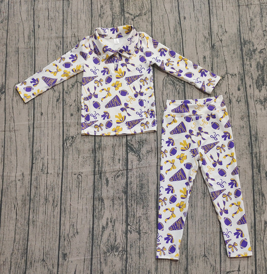 10.1 GLP2762 Sample No Moq Yoga fabric Baby Girls Purple Bows Footballs Go Teams Pullovers Leggings Yoga Clothes Set