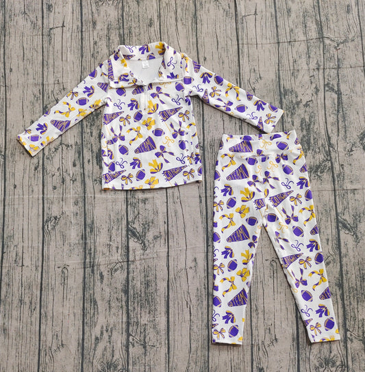 10.2 GLP2762 Sample No Moq Yoga fabric Baby Girls Purple Bows Footballs Go Teams Pullovers Leggings Yoga Clothes Set