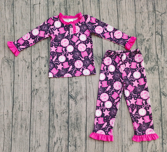 9.30 GLP2771 XS-3XL Sample No Moq Baby Girls Hot Pink Button Happy New Year Top Pant Pajamas Set
