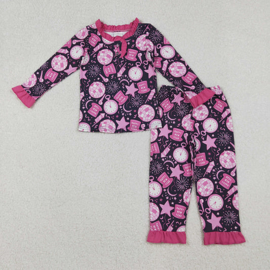 10.17 RTS NO MOQ （In stock）GLP2771 Baby Girls Hot Pink Happy New Year Button Top Pant Pajamas Sets