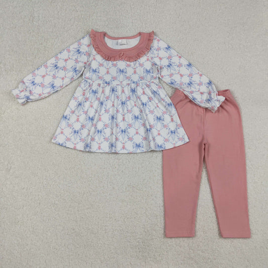 RTS NO MOQ （In stock）GLP2774  Baby Girls Winter Outfits Bows Flowers Checked Tunic Leggings Pant Clothes Sets