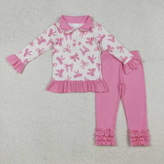 RTS NO MOQ （In stock）GLP2778 Baby Girls Winter Outfits Pink Bows Zipper Pullover Ruffle Legging Pant Fall Clothes Sets
