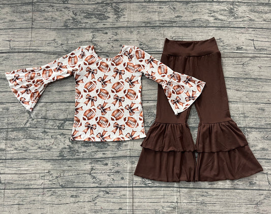 11.10 GLP2787 Sample No Moq Baby Girls Ruffle Sleeve Footballs Bows Top Bell Bottom Pants Team Set