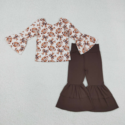 12.5 RTS NO MOQ （In stock）GLP2787 Baby Girls Bell Sleeve Footballs Bows Top Ruffle Bell Bottom Pants Team Clothes Set
