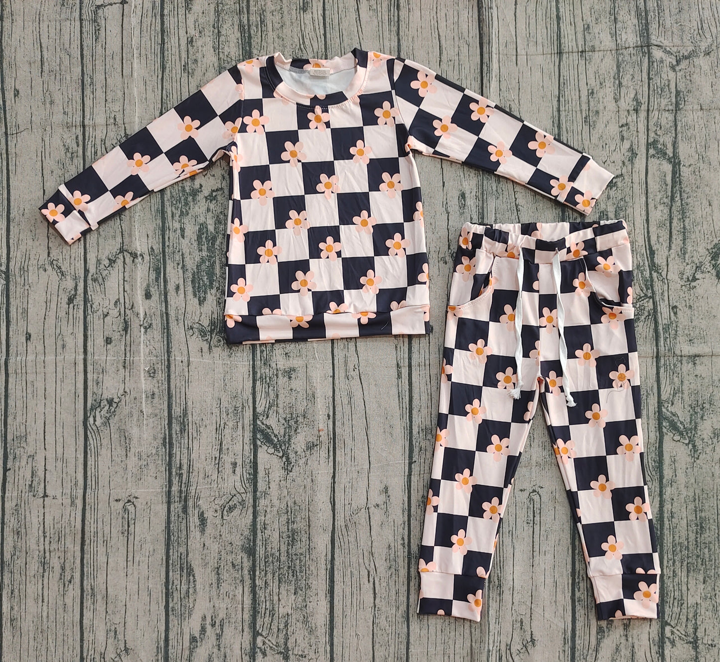 10.10 GLP2803 Sample No Moq Baby Girls Pink Black Checked Flowers Top Pockets Jogger Pant Clothes Sets
