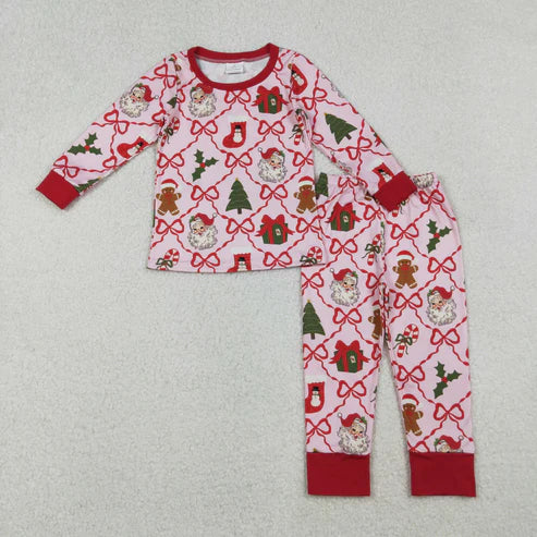 10.14 RTS Sibling Baby Girls Bows Santa Socks Checked Top Pants Christmas Pajamas Sets Zipper Rompers