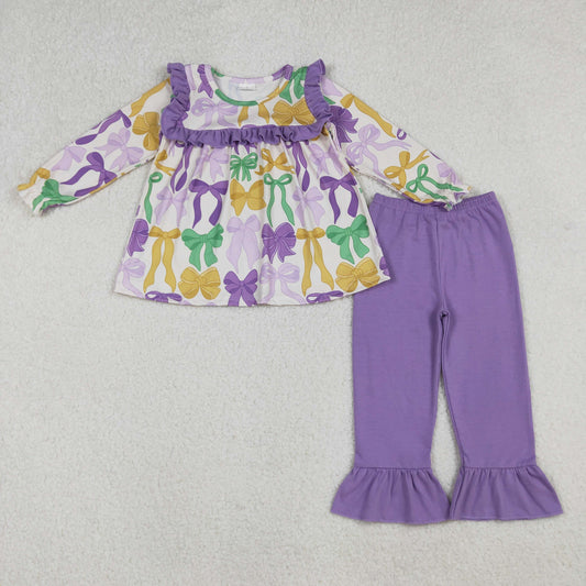 10.1 RTS NO MOQ （In stock）GLP2822 Baby Girls Winter Outfits Baby Girls Mardi Gras Bows Tunic Ruffle Pants Clothes Sets