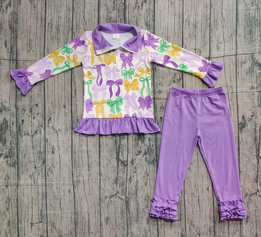 11.5 GLP2823 Sample No Moq Baby Girls Mardi Gras Bows Zipper Pullover Ruffle Legging Clothes Sets