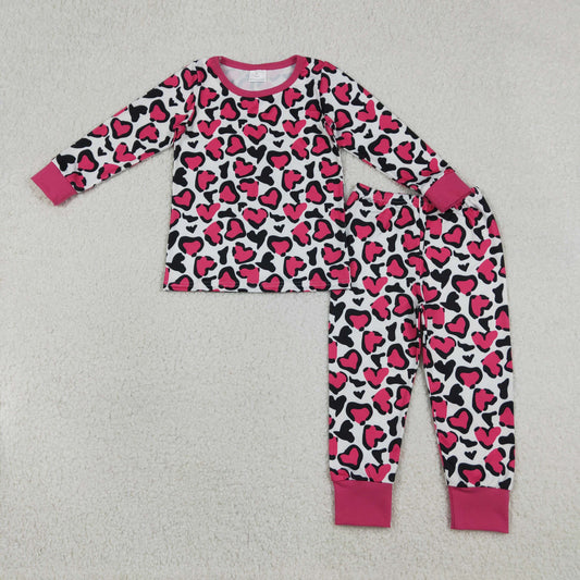 12.20 RTS NO MOQ （In stock）GLP2825 Baby Girls Hot Pink Hearts Leopard Top Pants Valentines Pajamas Sets