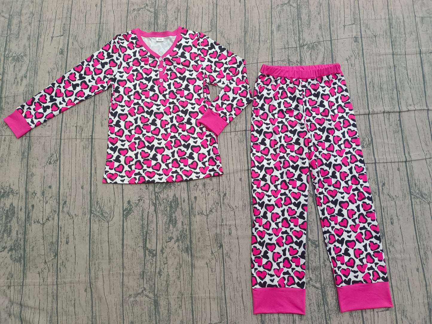 12.5 GLP2826 Sample No Moq Adult Women Hot Pink Black Hearts Leopard Valentine Pajamas Sets