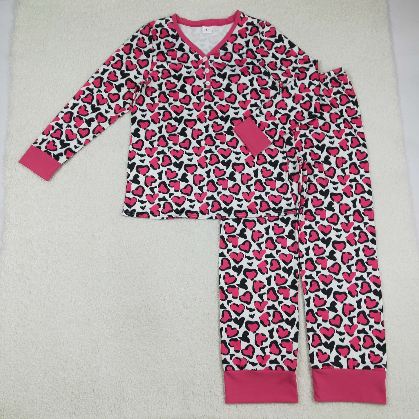 1.7 RTS NO MOQ （In stock）GLP2826 Adult Women Pink Black Hearts Leopard Pants Valentines Pajamas Sets