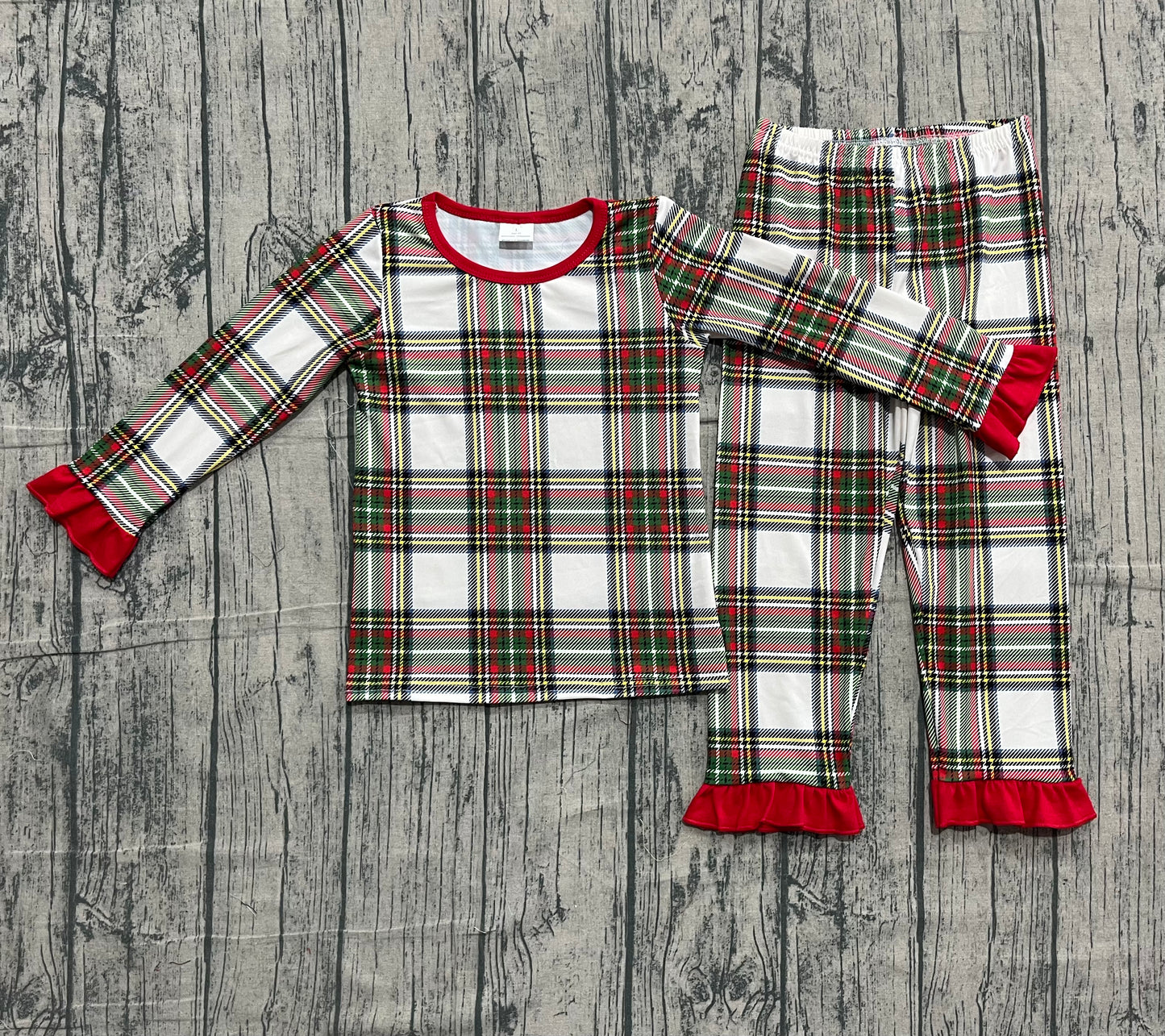 10.22 GLP2829 Sample No Moq Baby Girls Green Red Checked Top Ruffle Pants Christmas Pajamas Sets