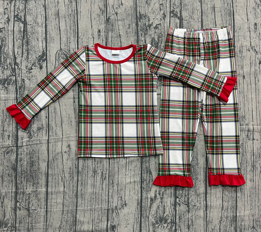 10.22 GLP2829 Sample No Moq Baby Girls Green Red Checked Top Ruffle Pants Christmas Pajamas Sets