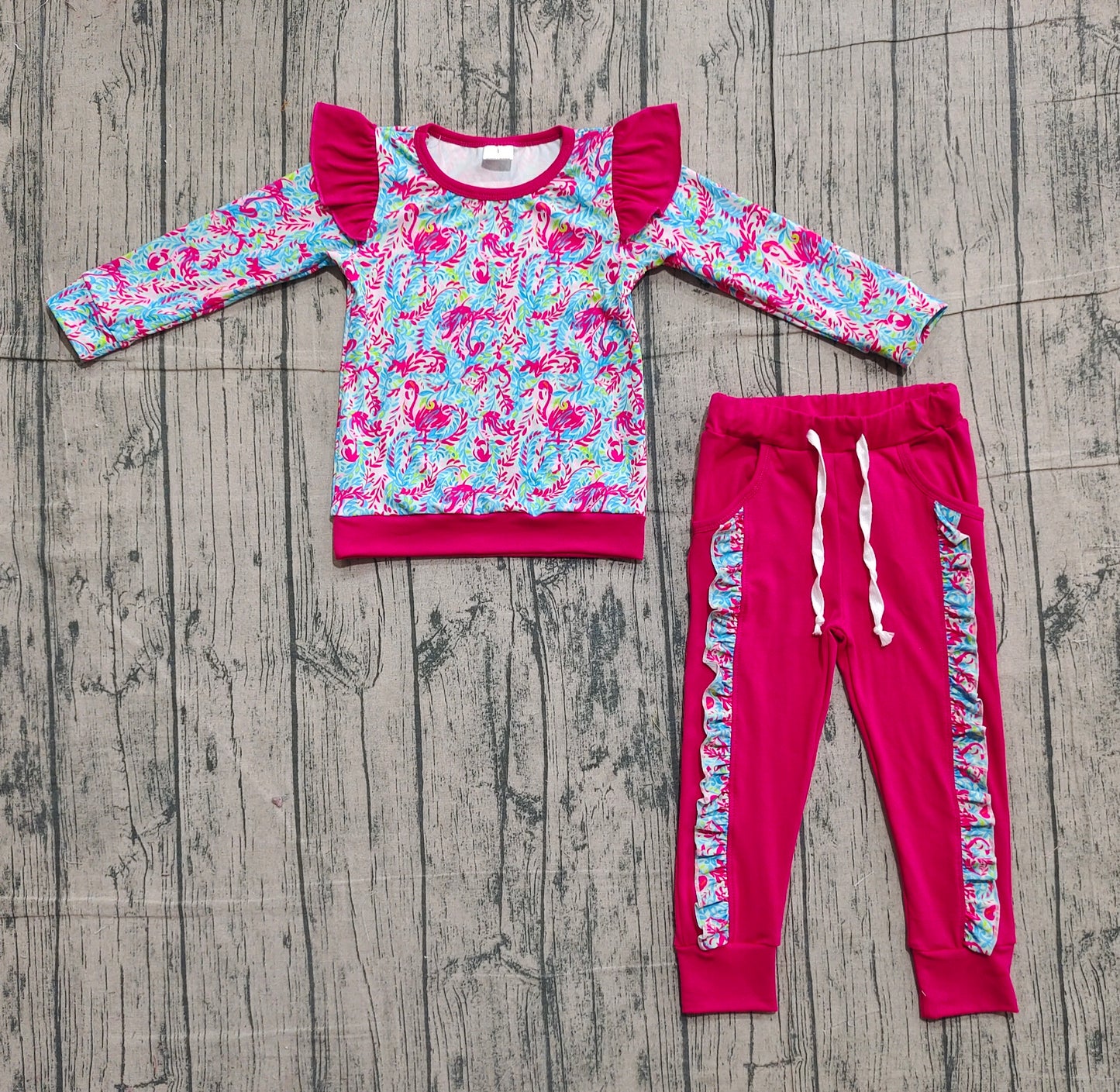 11.5 GLP2831 Sample No Moq Baby Girls Pink Watercolor Floral Shirts Top Pockets Jogger Pants Clothes Sets