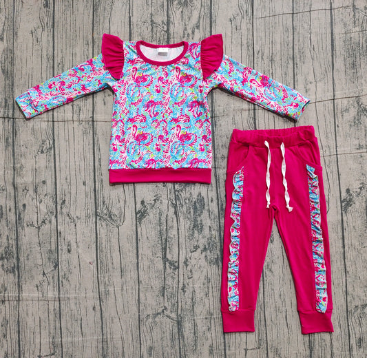 11.5 GLP2831 Sample No Moq Baby Girls Pink Watercolor Floral Shirts Top Pockets Jogger Pants Clothes Sets