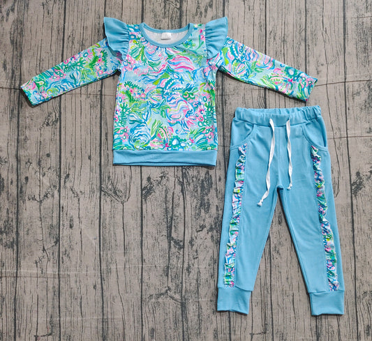 11.5 GLP2832 Sample No Moq Baby Girls Blue Watercolor Floral Shirts Top Pockets Jogger Pants Clothes Sets